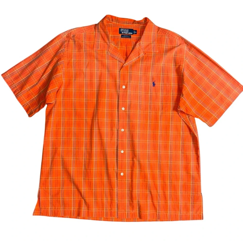 90S Polo By Ralph Lauren Orange Plaid Caldwell Open Collar Short